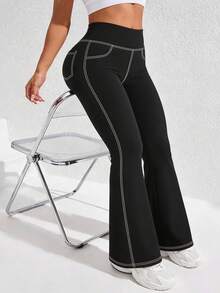 New Women's Plus Size Flare Sports Leggings, 1pc, With 4 Front And Back Pockets, Denim Effect Seam Detail Black Fall - Black - View 5