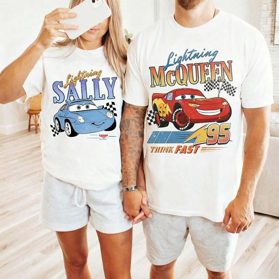 Disney Loose T-Shirt Couple Lightning McQueen & Sally Back Print 100% Cotton T-Shirt, Vintage Disney Cars Sketch Graphic Casual Short Sleeve Tee - 白色女 - 查看 1