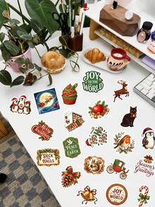 50 piezas de elegantes calcomanías navideñas, ilustraciones de Papá Noel vintage dibujadas a mano, pájaro petirrojo, oso polar y chimenea, pegatinas decorativas impermeables para personalizar fundas de teléfono, papelería y accesorios de cajas de regalo navideñas - Multicolor - Ver 4