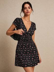 de línea A con estampado floral y cuello en V dulce para mujer, vestidos florales, vestidos florales de primavera, vestidos de mujer para la playa, Y2K verano, vestidos florales, vestidos d - Multicolor 2 - Ver 1