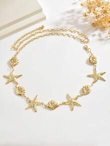 1pc Summer Vacation Style Marine Life Starfish Scallop Gold Metal Waist Chain, Personalized Geometric 3D Shaped Chain Body Chain For Women, Suitable For Daily Commute, Beach Party, Gift For Best Friends And Family - Gold - View 2