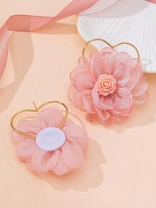 1 Pair Heart-Shaped Sweet Lace Fabric Floral Earrings, Suitable For Women's Beach Vacation/Date Wear - Multicolor - View 5