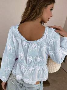 Embroidered Lace Trim Casual Sun Protection Shirt Vacation Summer - Baby Blue - View 3
