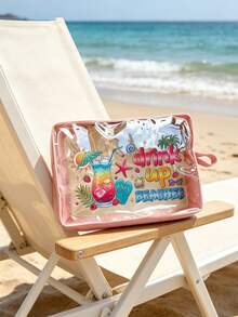 「Drink Beach」印花透明包，可愛拉鍊化妝包，多功能透明收納袋，女款透明盥洗包，5色可選，多色沙灘托特包，可折疊輕便盥洗手拿包，便攜旅行個人護理化妝收納盒，適合沙灘旅行、購物，完美適用於郵輪度假、沙灘日，教師節禮物 - 彩色 - 查看 3