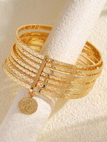 1 Set Elegant Fashion Coin Pendant Gold-Tone Minimalist Multi-Layer Women's Bracelet Set, Versatile Premium Casual Star Texture Bracelet, Suitable For Daily, Party, Date, Holiday, Music Festival, Summer Beach Vacation Wear, Commemorative Gift For Friends, Family, Couples, Women, Jewelry Accessories Original Design - Gold - View 5