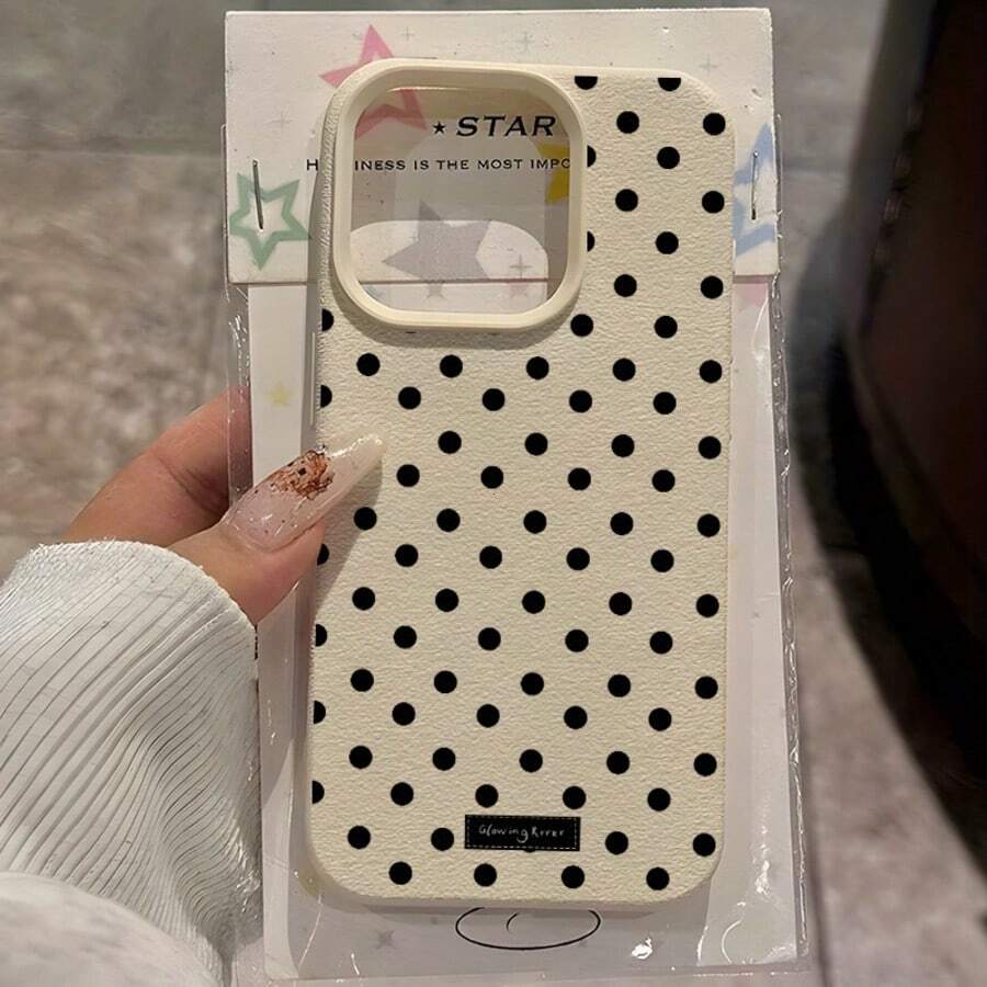 1pc Black Polka Dot UV Printed Pattern Design Leather Texture Phone Case - Multicolor - View 1