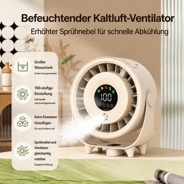 USB Wiederaufladbarer Tragbarer Nebelventilator, 100 Geschwindigkeitsstufen, 3600mAh Akku Tischventilator, Leiser Kühlventilator mit Wandhalterung, Luftzirkulator für Büro, Schlafzimmer, Camping und Outdoor