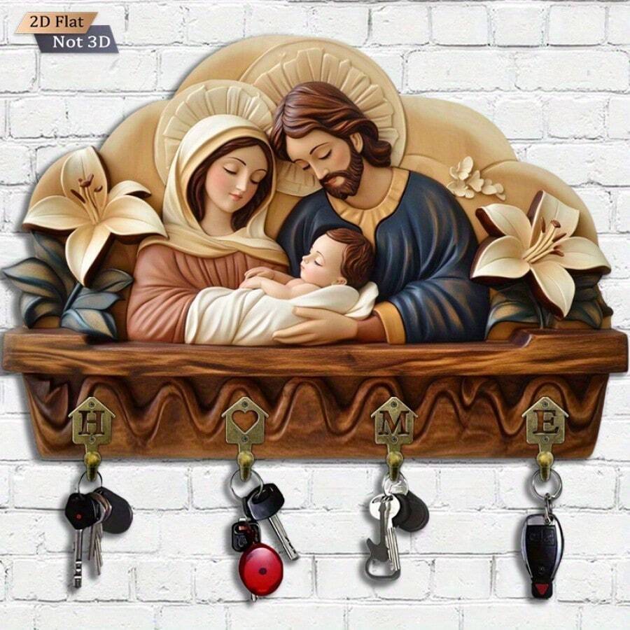 1pc Wooden Nativity Religious Theme Key Hook, Multi-Functional Hook With 4 New "HOME" Metal Hooks, Suitable For All Seasons Wall, Porch And Entryway Decoration - Multicolor - View 1