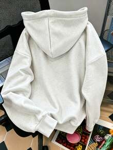 Plus Size Bondi Beach Coconut Tree & Surf Pattern Lightweight Pullover Hoodie, Loose Fit, Dropped Shoulder Design, With Pockets Casual Vacation - Light Grey - View 5