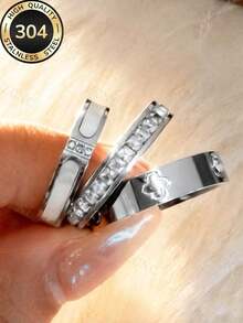2026 New 304 Stainless Steel Silver Stackable Ring Set, Women's Style, 3pcs Clover And Full Rhinestone Personalized Rings, Hypoallergenic Minimalist Jewelry, Perfect Mother's Day Gift, Summer Vacation Accessory - Silver - View 11
