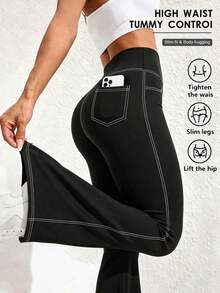 New Women's Plus Size Flare Sports Leggings, 1pc, With 4 Front And Back Pockets, Denim Effect Seam Detail Black Fall - Black - View 1