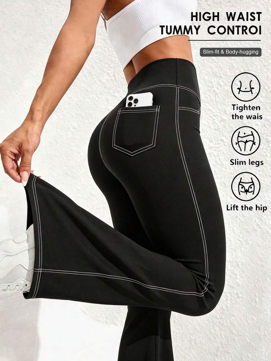 New Women's Plus Size Flare Sports Leggings, 1pc, With 4 Front And Back Pockets, Denim Effect Seam Detail Black Fall - Black - View 1