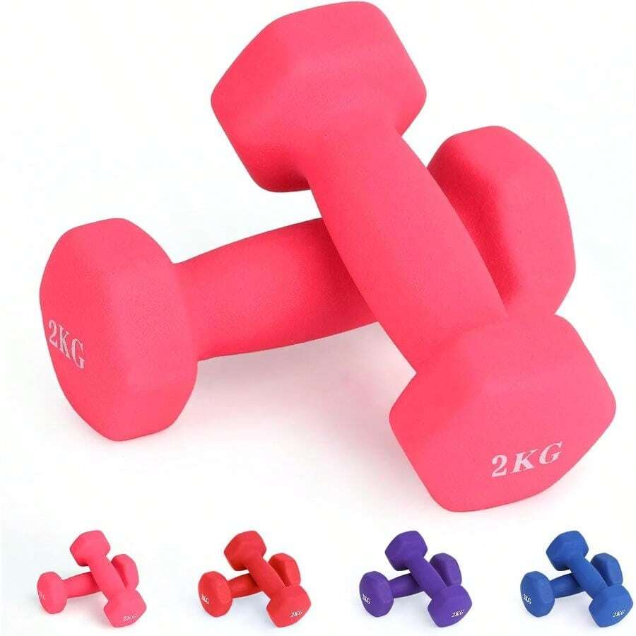 Mancuernas Fitness de Neopreno Hexagonales, Juego de Mancuerna, Pesas Para Ejercicio En Casa, Neopreno Recubierto Mancuernas, Mango de Acero Moleteado Mancuernas - Rosa + 2KG/4.4LB - Ver 1