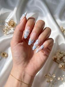 10 PCS Handmade Medium Almond Press On Nails, 3D White Floral & Leopard Print French Tip With Nail Charms, Removable Reusable Nail Supplies Set (Jelly & Nail File Incl.) - Baby Blue - View 2
