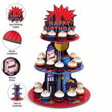 3 Tier Comic Superhero Cupcake Stand, City Theme Dessert Display Tower With Happy Birthday Sign For Comic Book Birthday Party Decorations And Treat Table Display - Multicolor - View 2