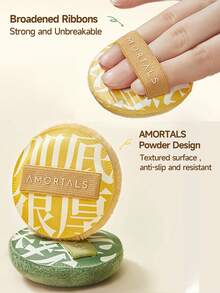 Amortals 2件組圓形短毛絨化妝粉撲套組，1.5mm毛絨表面，17mm厚回彈海綿，寬版防滑綁帶，適用於散粉與壓粉彩妝，適合初學者與專業人士，熱門化妝粉撲 - 黃色 - 查看 6