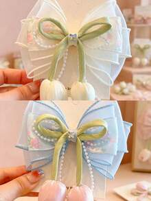 1/2/4pcs Floral Tulip Pearl Mesh Big Bow Hair Clips, Cute Princess Fresh Versatile Hair Accessories, Beige Pink - Multicolor - View 15