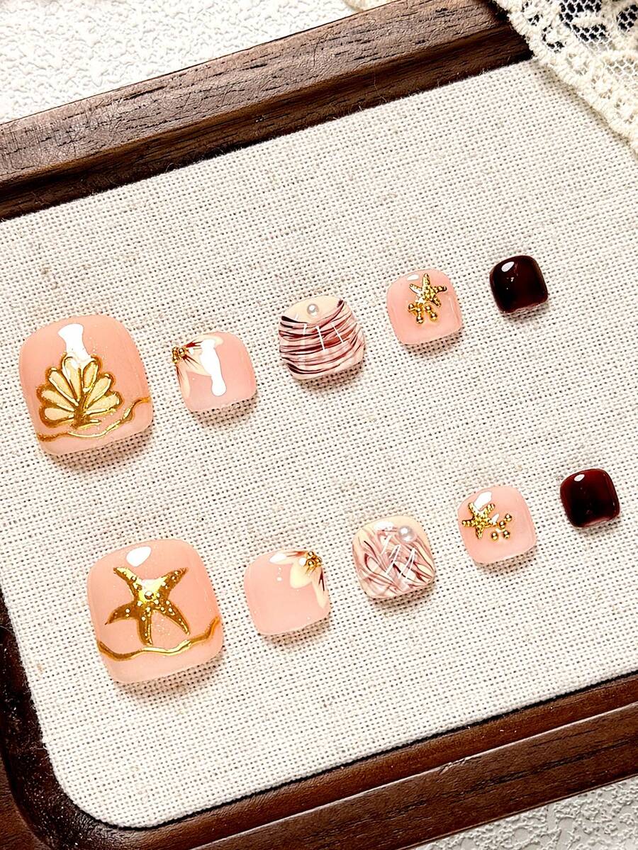 10pcs Short Square Handmade Press On Toe Nails, Featuring Nude Pink Base, Marbled Shell Texture, 3D Gold Starfish & Golden Shell Metal Decor Details. French-Style Toenails, Suitable For Party, Beach, Daily Wear, Great Gift For Women & Girls - Multicolor - View 1
