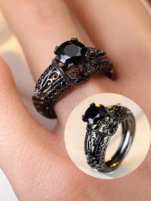 1pc Niche Dark Gothic Style Hollow Vine Carved Main Stone Inlaid Zirconia Vintage Atmosphere Accessory Ring - JZ20360 - View 3