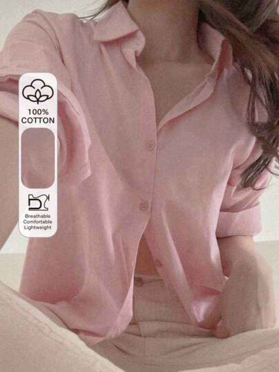 Blusa holgada y versátil de unicolor para mujer, prenda de vestir de otoño con manga larga - Rosa - Ver 1
