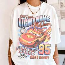 Matching Couple Lightning McQueen & Sally Think Fast Print 100% Cotton Tee, Retro Disney Cars Casual Short Sleeve T-Shirt - 白色 - 查看 1