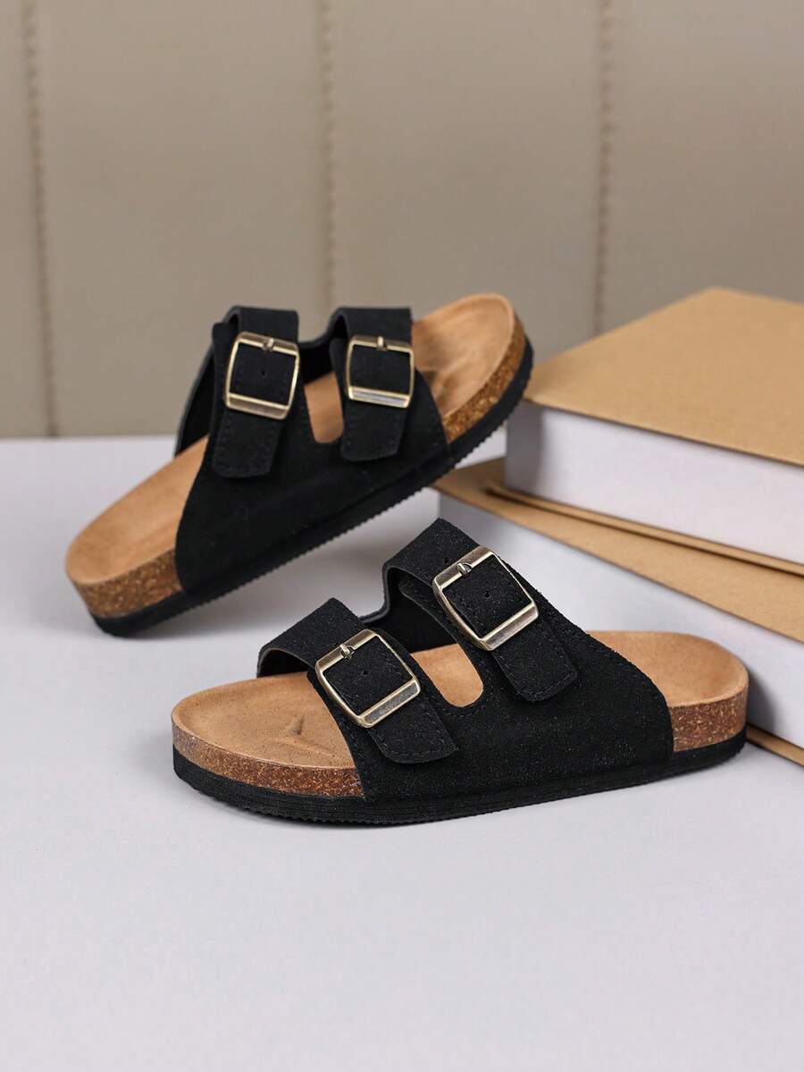 1雙男童春夏秋新款熱銷厚底舒適雙扣休閒涼鞋拖鞋,軟底平底沙灘鞋,適合戶外穿著 - 黑色 - 查看 1