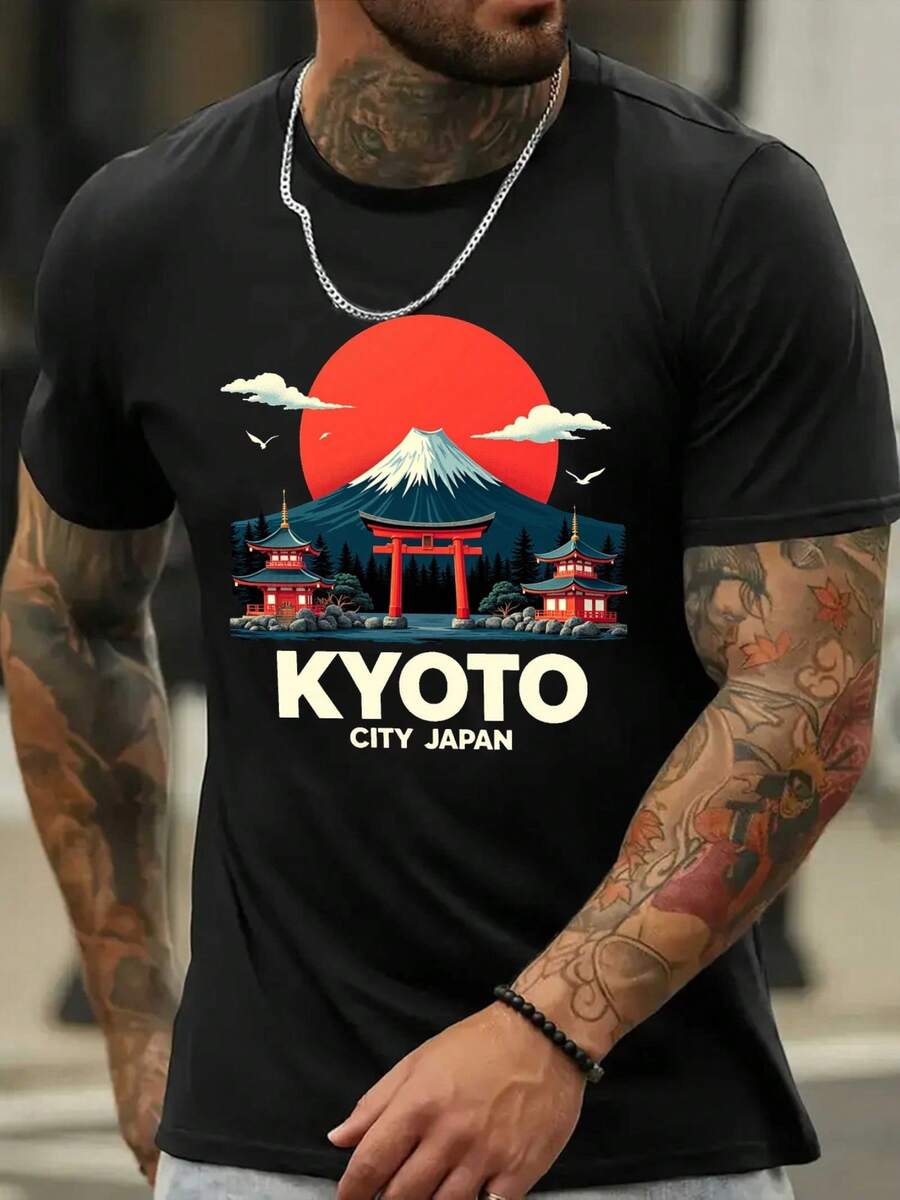 Camiseta de verano para hombre, confeccionada en tejido de punto ligeramente elástico, con diseño estampado y corte regular, perfecta para un look informal. - Negro - Ver 1