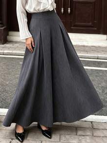 minisummer Women Elegant Fall Dark Grey Pinstripe Maxi Skirt, High Waist Pleated Flared Long A‑Line Skirt - Black - View 3
