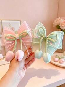 1/2/4pcs Floral Tulip Pearl Mesh Big Bow Hair Clips, Cute Princess Fresh Versatile Hair Accessories, Beige Pink - Multicolor - View 16