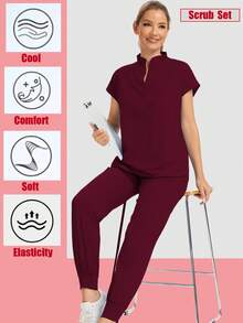 Conjunto de top con bolsillo en cuello en V + pantalón de chándal elástico, uniforme de trabajo con múltiples bolsillos para mujeres - Burdeos - Ver 1