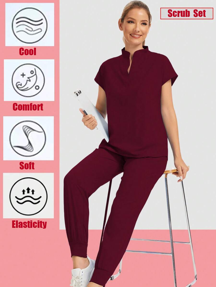 Conjunto de top con bolsillo en cuello en V + pantalón de chándal elástico, uniforme de trabajo con múltiples bolsillos para mujeres - Burdeos - Ver 1