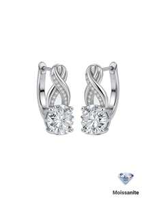 1pc S925 Silver 4.1CT Moissanite French Luxury Twisted Hoop Earrings, Full Diamond Wrapped Design, Elegant For Daily, Business, Wedding, Party, Valentine's Day, Birthday Gift - Silver - View 1