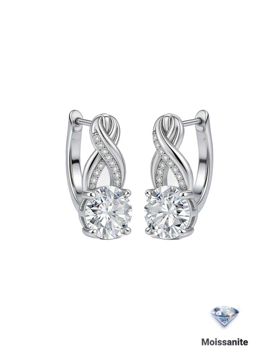 1pc S925 Silver 4.1CT Moissanite French Luxury Twisted Hoop Earrings, Full Diamond Wrapped Design, Elegant For Daily, Business, Wedding, Party, Valentine's Day, Birthday Gift - Silver - View 1