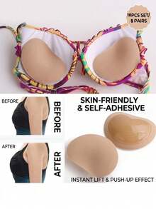 10 piezas Almohadillas de sujetador autoadhesivas engrosadas color nude, 5 pares de cubrepezones de silicona y esponja sin costuras, adecuadas para trajes de baño, almohadillas de bikini impermeables con efecto elevador - Albaricoque - Ver 2