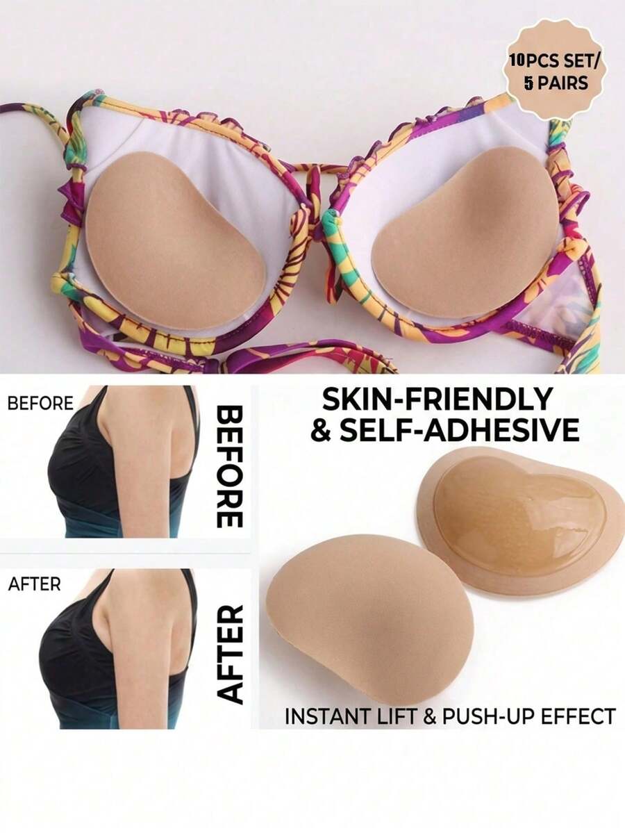 10 piezas Almohadillas de sujetador autoadhesivas engrosadas color nude, 5 pares de cubrepezones de silicona y esponja sin costuras, adecuadas para trajes de baño, almohadillas de bikini impermeables con efecto elevador