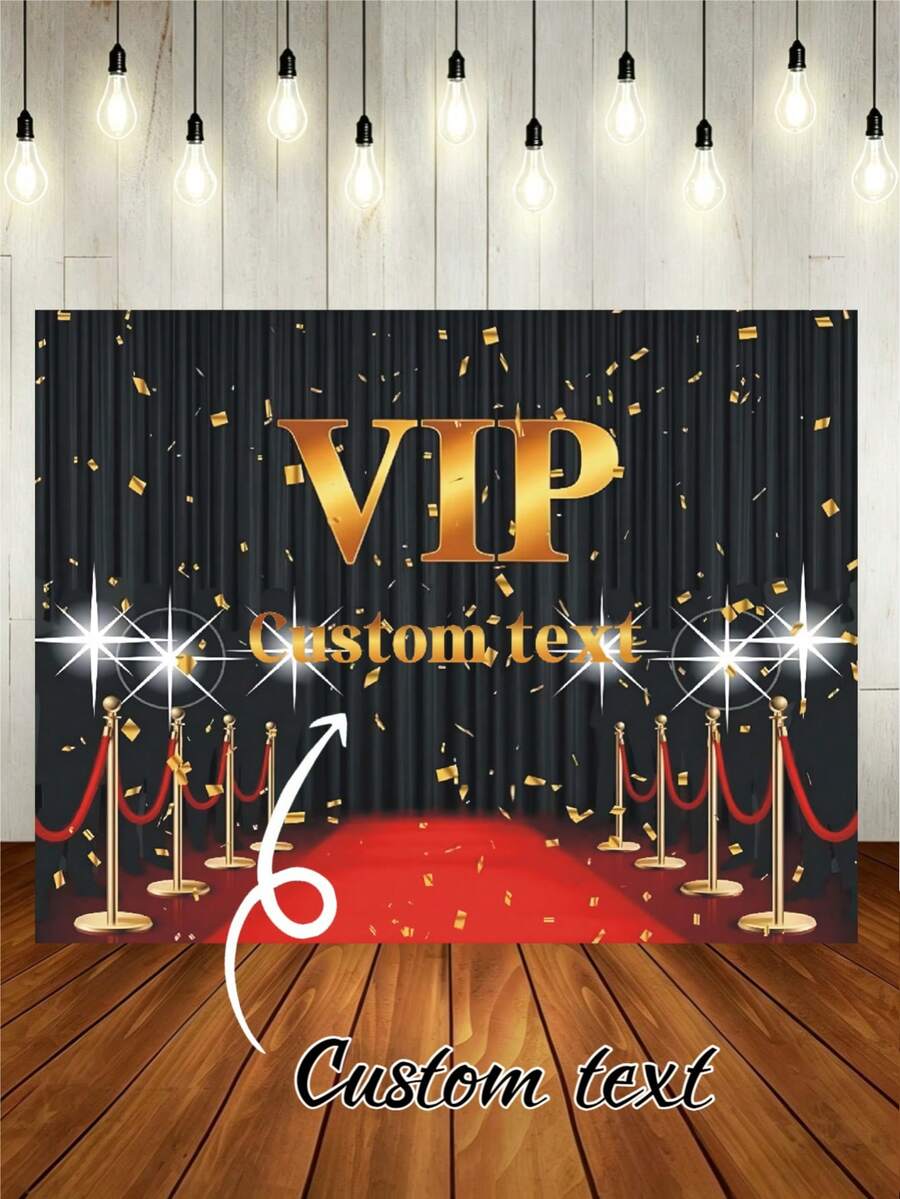 可客製化文字金色VIP紅地毯皇家閃光背景幕簾，適用於電影首映、頒獎典禮、生日派對、派對、名人活動及企業品牌推廣活動，材質為乙烯基