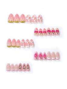 10pcs Medium Almond Nail Stickers, Summer Hot-Selling Sweet & Cool Fruit 3D Embossed Grape Cherry Pink Strawberry Multicolor Design Acrylic Nail Decals, 3D Floral, Shell Pattern And Pearl Accents, Fresh Summer Island Style, Suitable For Women's Vacation, Party And Daily Wear, Removable And Reusable Nail Supplies Nails - Multicolor - View 3