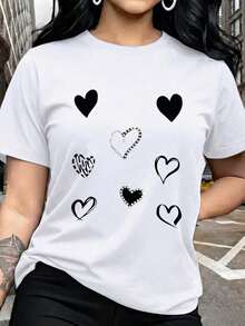 Navy Blue Pure Cotton Blouse, Round Neck, Short Sleeve, Summer Top With Sparkling Heart Design, Lightweight, Soft, Breathable, Casual Style, Ideal For Women - 白色的 - 查看 1