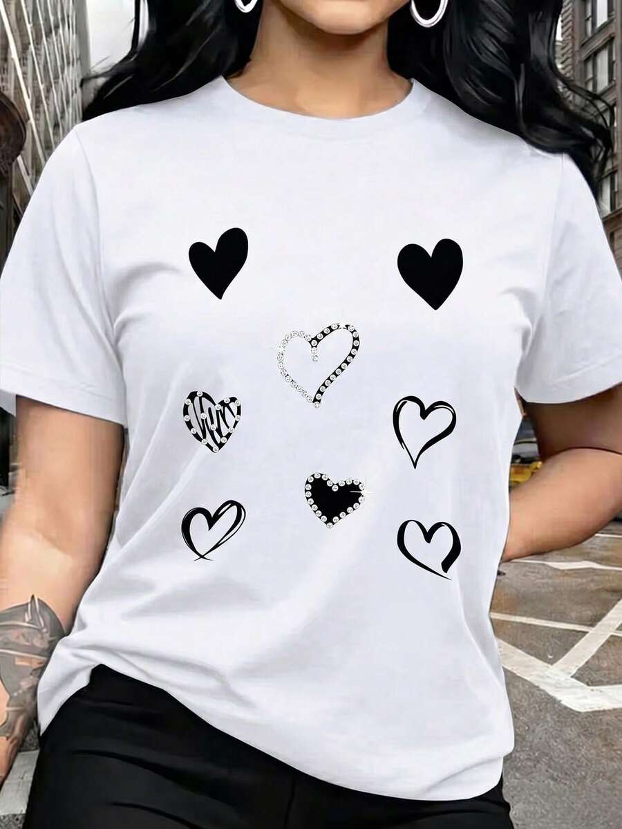 Navy Blue Pure Cotton Blouse, Round Neck, Short Sleeve, Summer Top With Sparkling Heart Design, Lightweight, Soft, Breathable, Casual Style, Ideal For Women - 白色的 - 查看 1