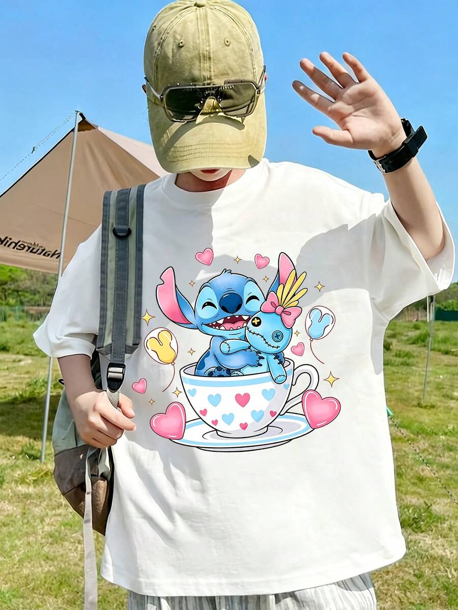 Disney Licensed Lilo & Stitch Cup Heart Doll Balloon Print T-Shirt, Cute Cartoon Graphic Crew Neck Casual Tees - White - View 1