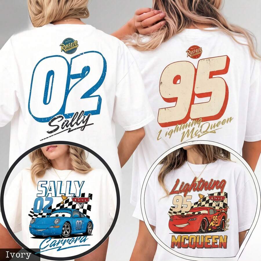Double Sided Vintage 95 McQueen & 02 Sally Print 100% Cotton Tee, Matching Couple Disney Cars Casual Women T-Shirt - 白色男 - 查看 1