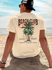 Men's Round Neck Short-Sleeved T-Shirt With Coconut Tree Pattern And Letter Print, Suitable For Summer Casual Sports. - White - View 7