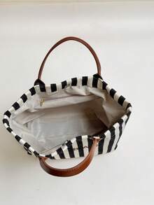 New Large Capacity Letter Decor Stripes Handbag, Multifunctional Commuter Tote Bag With Dual Handles For Women, Suitable For Commute,Beach Vacation - Black and White - View 10