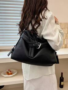 Fashionable High-End Hardware Loop With Decorative Women's Tote Bag, Simple And Versatile, Adjustable Shoulder Strap, Shoulder/Crossbody Bag - Black - View 4