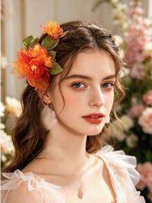 1pc Orange-Yellow Artificial Gauze Flower Hair Accessory, Handmade Pressed Flower Craft Hanfu Hair Clip, Versatile Style For Ancient Costume Photography/Wedding/Travel Photography - Orange - View 4