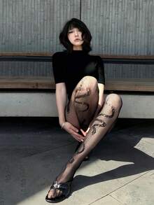 1 Pair Gothic Snake Print Fishnet Tights, Anti-Snag Halloween Mesh Pantyhose - Black - View 8