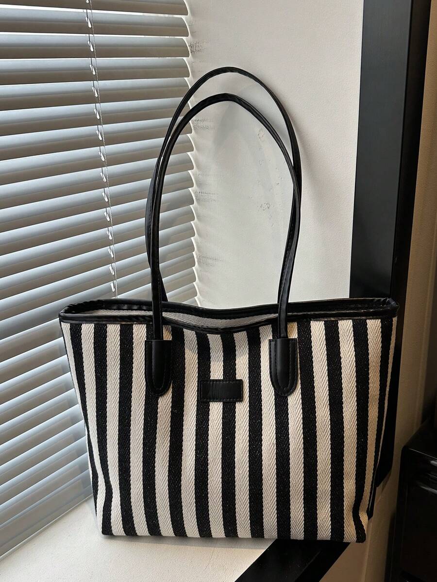 Fashionable Large Capacity Striped Tote Bag, Shoulder Bag, Suitable For Women Shopping, Commuting And Daily Use - Black - View 1