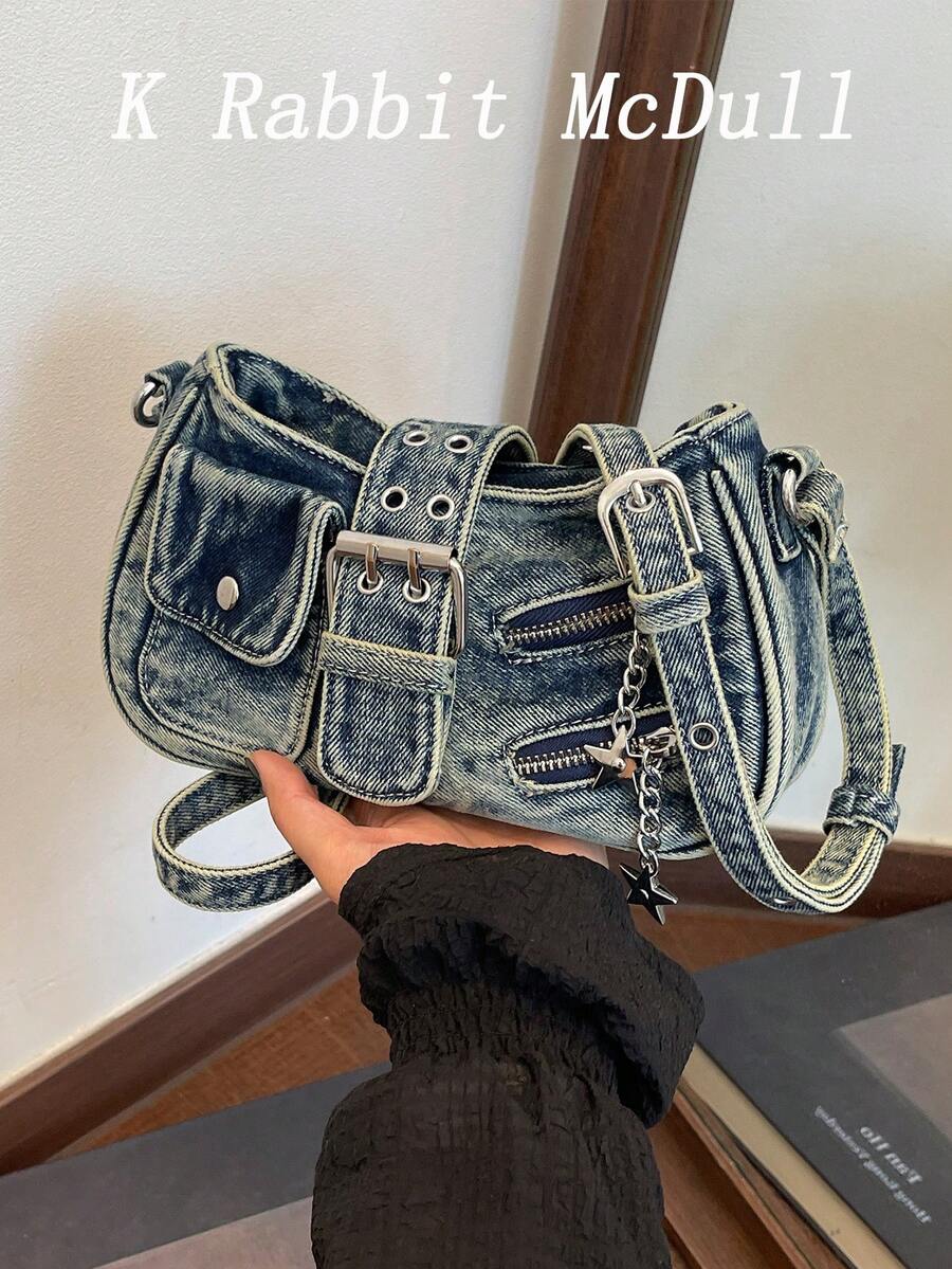 New Casual Chic Washed Jeans Shoulder Bag: Fashionable Y2K-Style Zipper-Detail Handbag Retro Street Style Versatile Crossbody Bag Perfect For Shopping