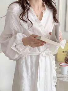 1pc Women's Bathrobe Yukata Morning Robe, European And American Minimalist Long Sleeve Sleepwear, Spring/Autumn New Sweet Cute Bathrobe, All-Over Black And White Long Sleeve Thin Solid Color Pajamas Homewear, Maillard Style - White - View 1