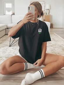 New Summer 2026 Collection, [Double-Sided Print] With Dumbbell Pattern And "GYM MODE" Text Print, Short-Sleeved Round-Neck Casual Top, Suitable For Wo - Black - View 4